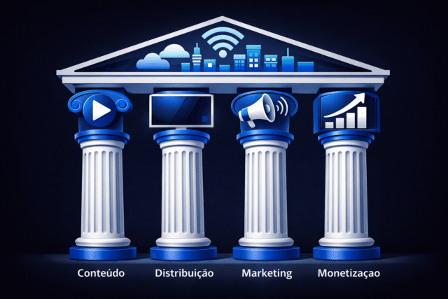 4 pilares de CTV: conteúdo relevante, plataforma de distribuição, marketing e monetização, representando a estrutura estratégica da TV conectada