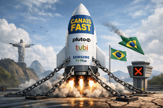 Canais FAST no Brasil representados por foguete que não consegue decolar, ilustrando desafios de escala e monetização
