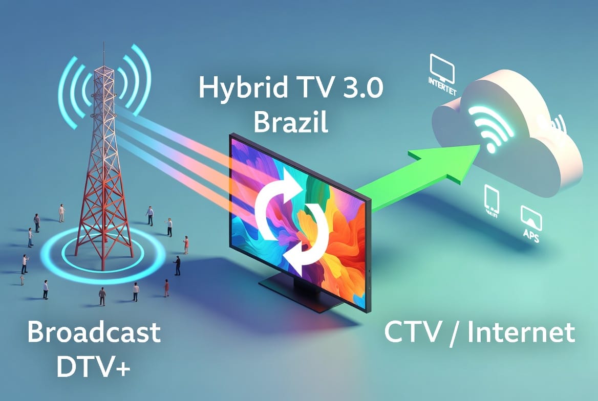 Diagrama de hibridização entre sinal broadcast DTV+ e CTV no ecossistema de TV 3.0 Brasil