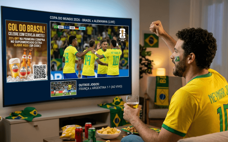 Torcedor assistindo transmissão esportiva em CTV multitela Copa do Mundo 2026