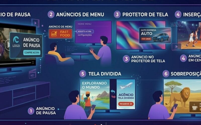 Ilustração dos seis formatos de anúncio para TV Conectada definidos pelo IAB Tech Lab em 2025