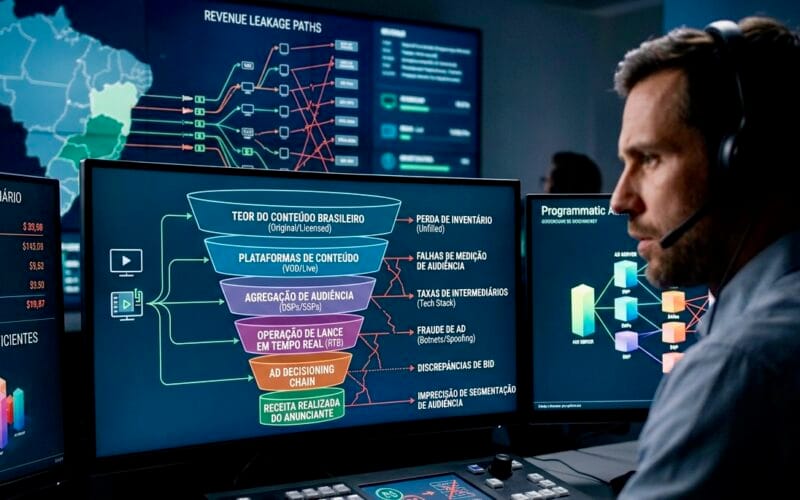 Diagrama de funil representando perda de receita entre conteúdo e anunciante na CTV programática — ecossistema de monetização em CTV Brasil