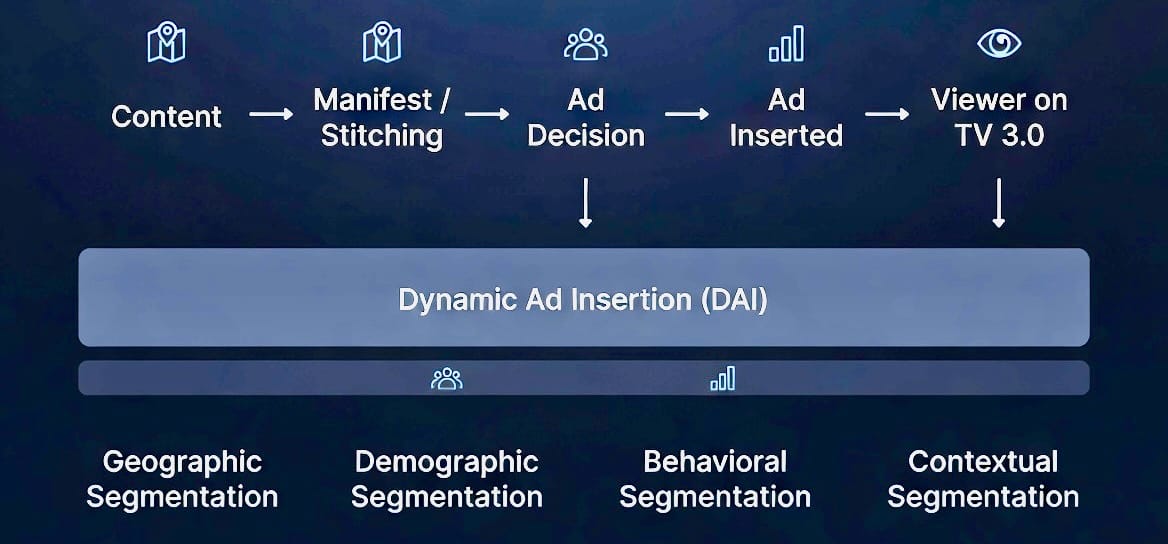 Diagrama do fluxo de Dynamic Ad Insertion em CTV e TV 3.0 em camadas