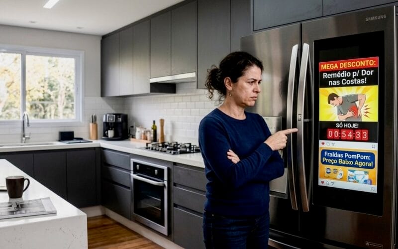 tela da geladeira Samsung Family Hub exibindo anúncio — publicidade IoT dispositivos conectados