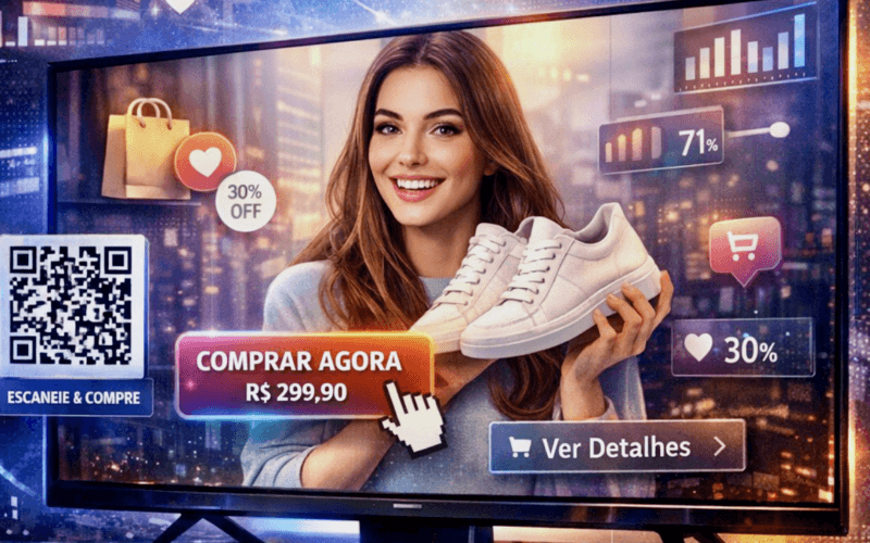 Interface de Shoppable TV na tela de uma smart TV, representando TV como canal de venda em CTV