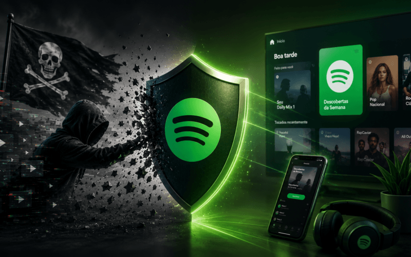 Comparação entre Spotify e serviços piratas de IPTV no Brasil, representando a batalha por conveniência e preço no streaming